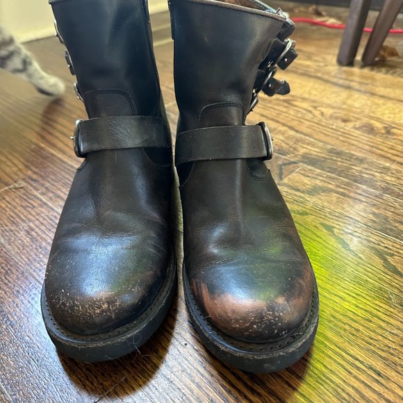 Frye Veronica Belted Buckle Shortie Moto Boot in Distressed Black/Brown - Picture 7 of 10